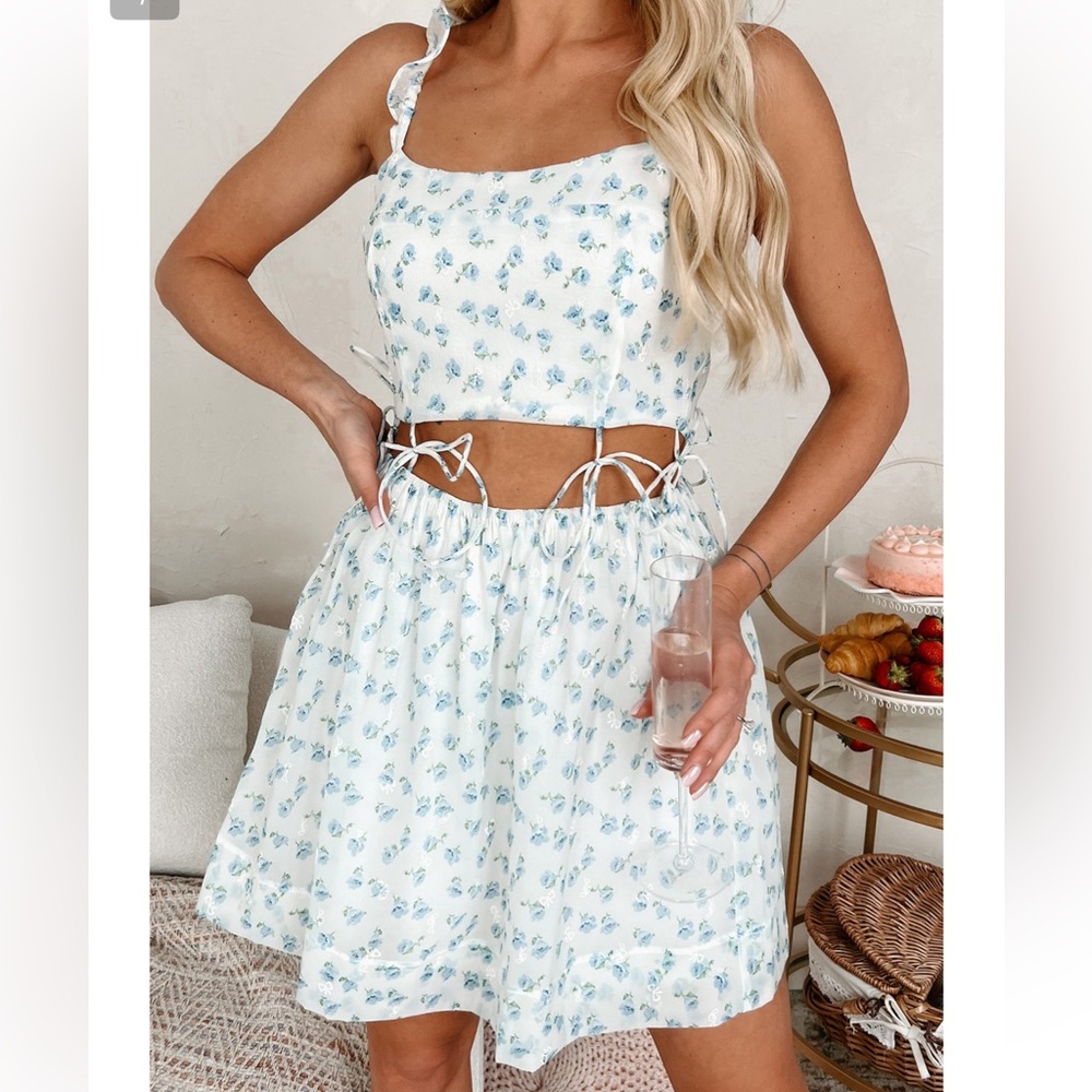 Floral White and Blue Cutout Dress